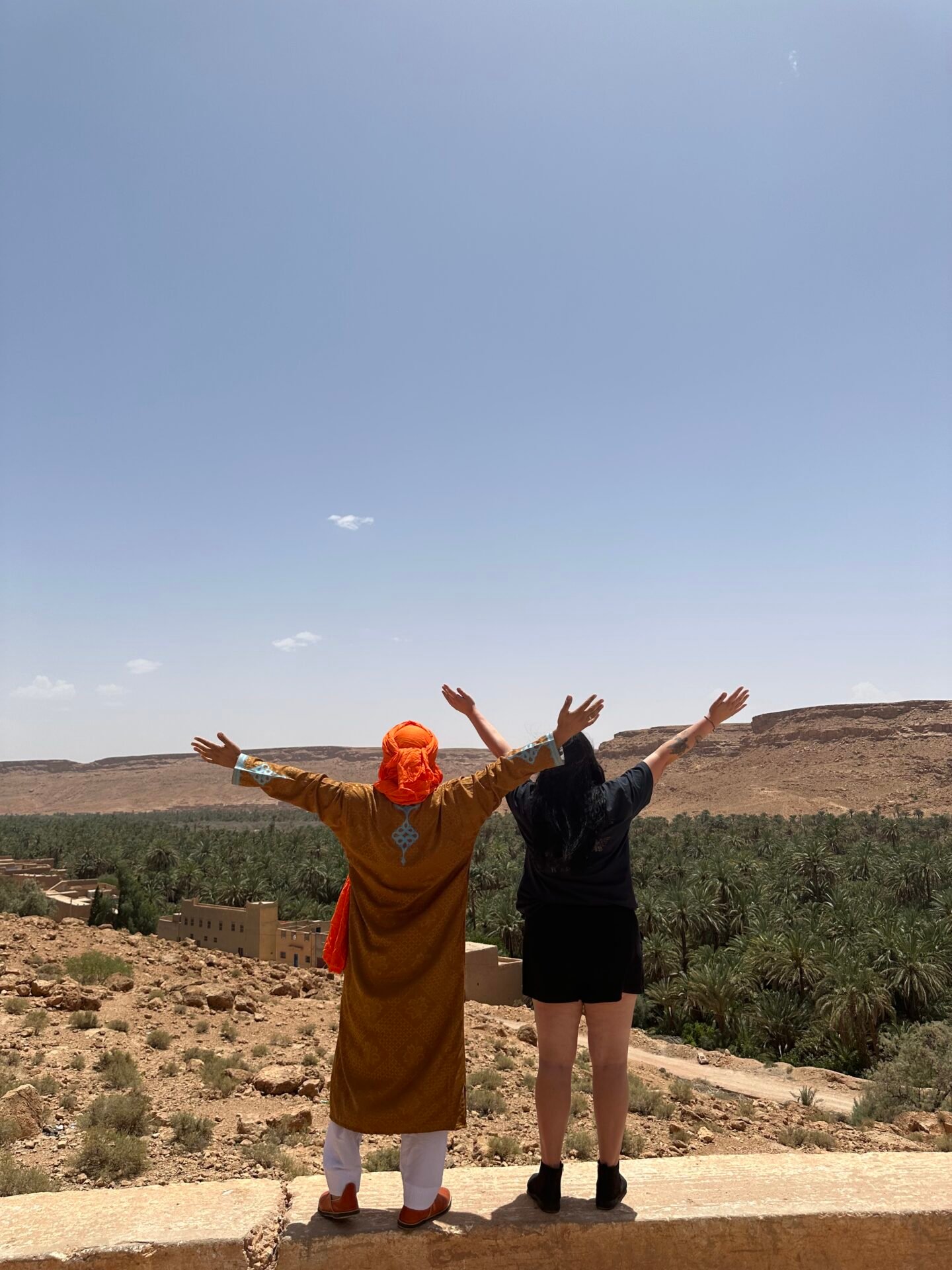 Gazing upon a tranquil oasis in the Moroccan desert, the lush greenery contrasts with the arid surroundings. The heat shimmers in the air, evoking a sense of warmth and solitude amidst the beauty of the oasis.